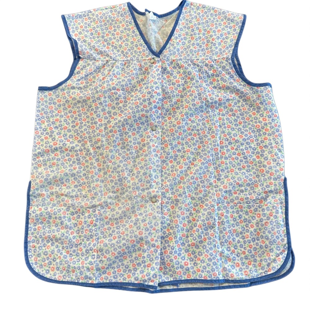 VTG Artistic Creation Floral Cobbler Apron Smock Snap Front Blue XL MCM Retro